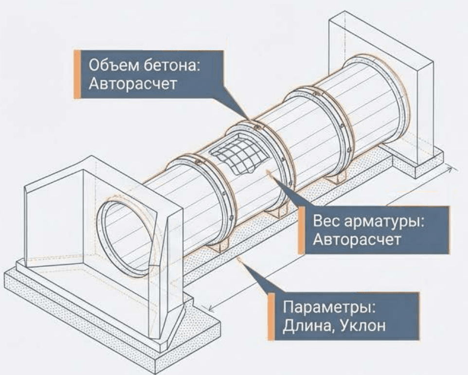 Пример параметрической инженерной модели с автоматическим расчётом объёма бетона и массы арматуры